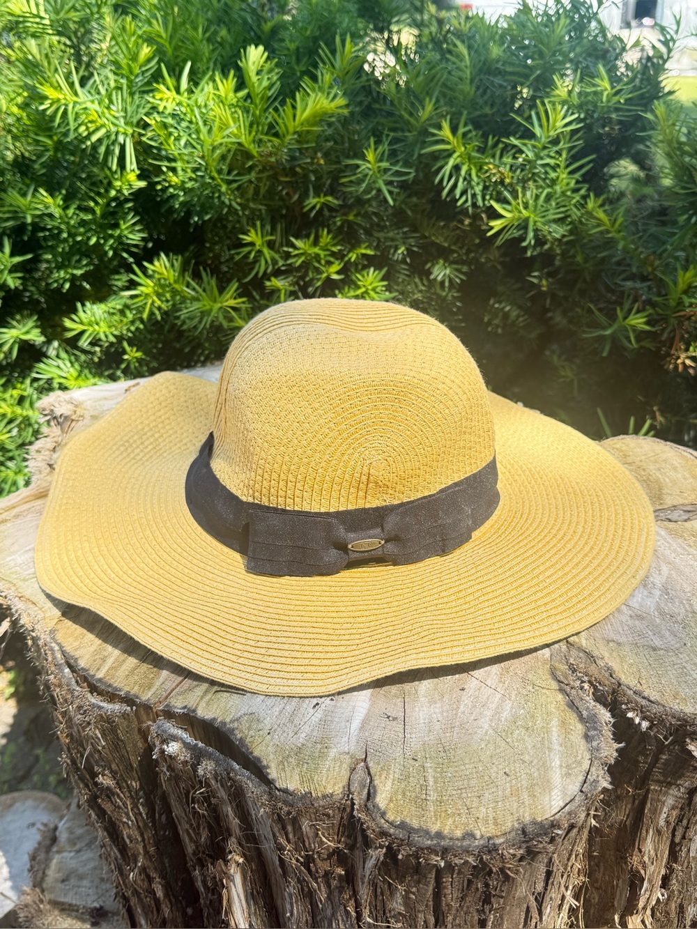 CC Wide Brim Straw Sun Hat with Black Band Yellowish Tan